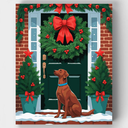 Christmas Dog at Festive Door - Paint by Numbers Kit