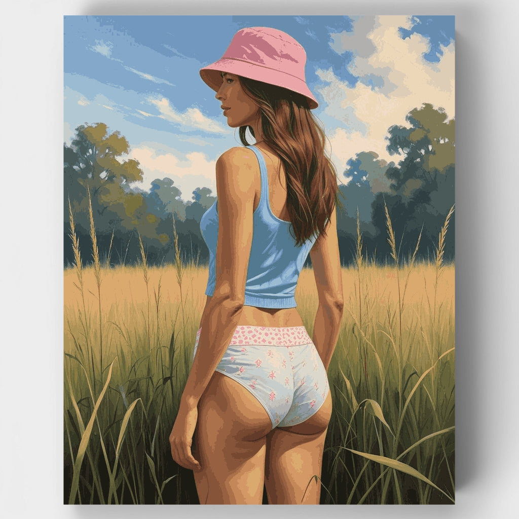 Woman in Field with Pink Hat - Paint by Numbers Kit