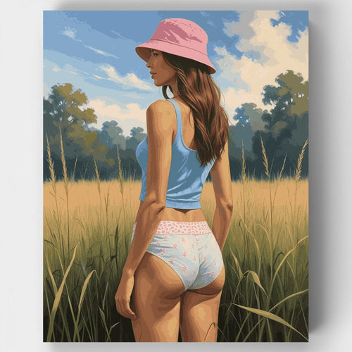 Woman in Field with Pink Hat - Paint by Numbers Kit