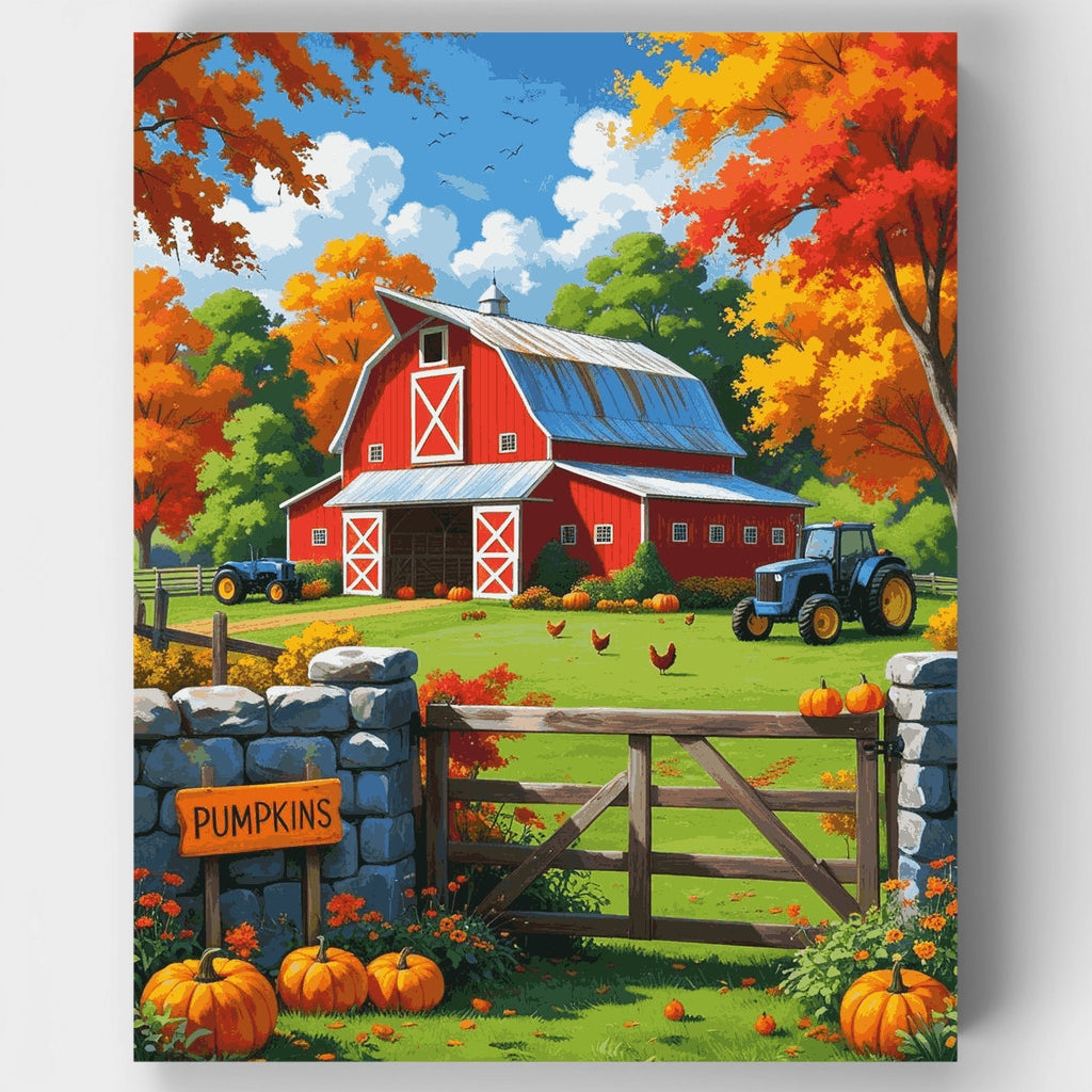 Granja en otoño con granero rojo y calabazas - Kit de pintura por números — Estándar