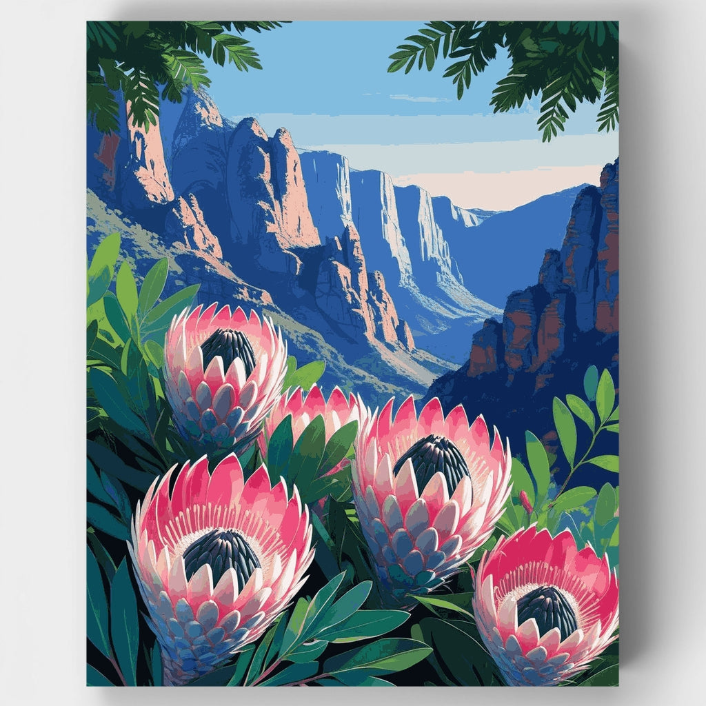 Kit de pintura por números - Flores de protea en el valle de la montaña — Estándar