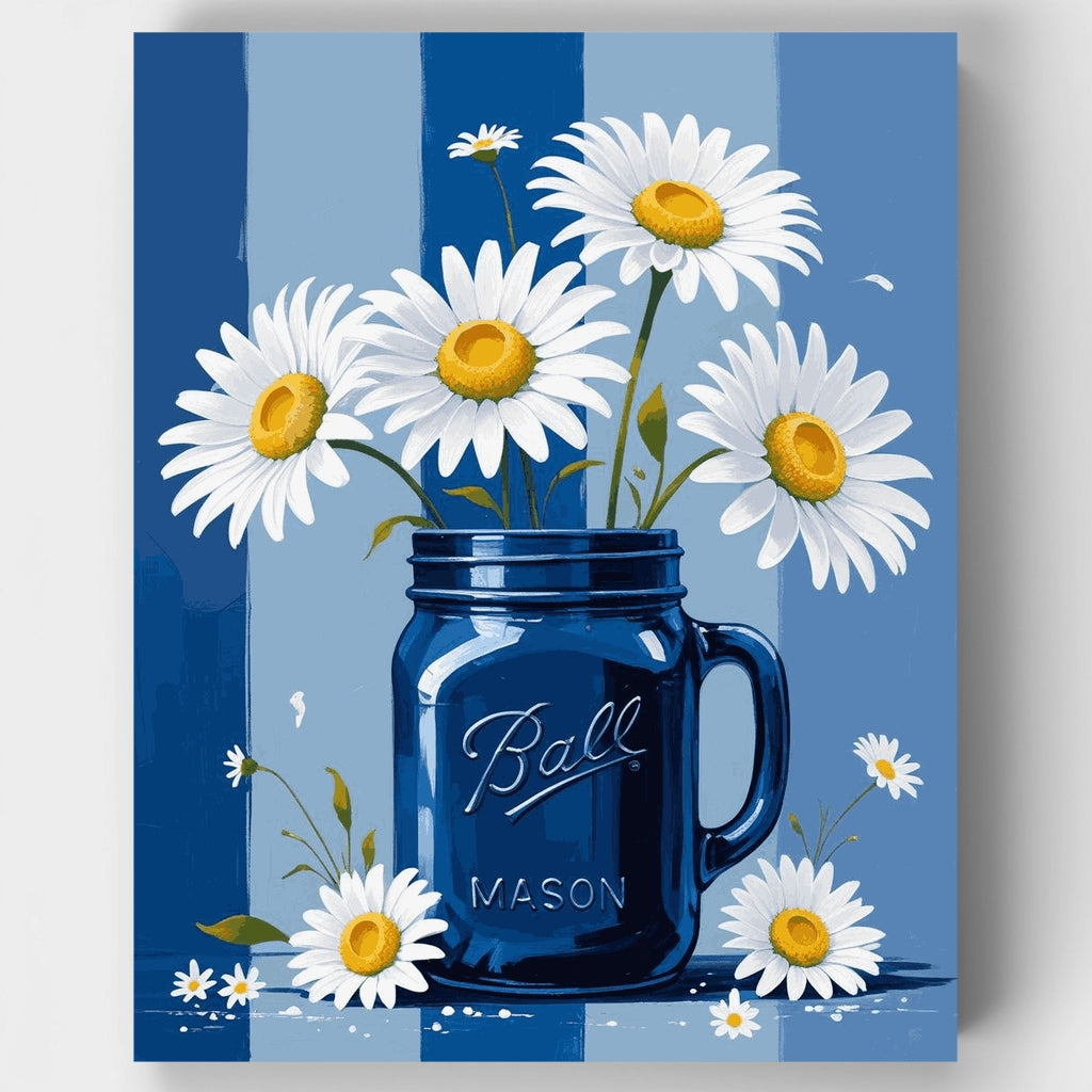 Kit de pintura por números: Margaritas en tarro Mason azul — Estándar