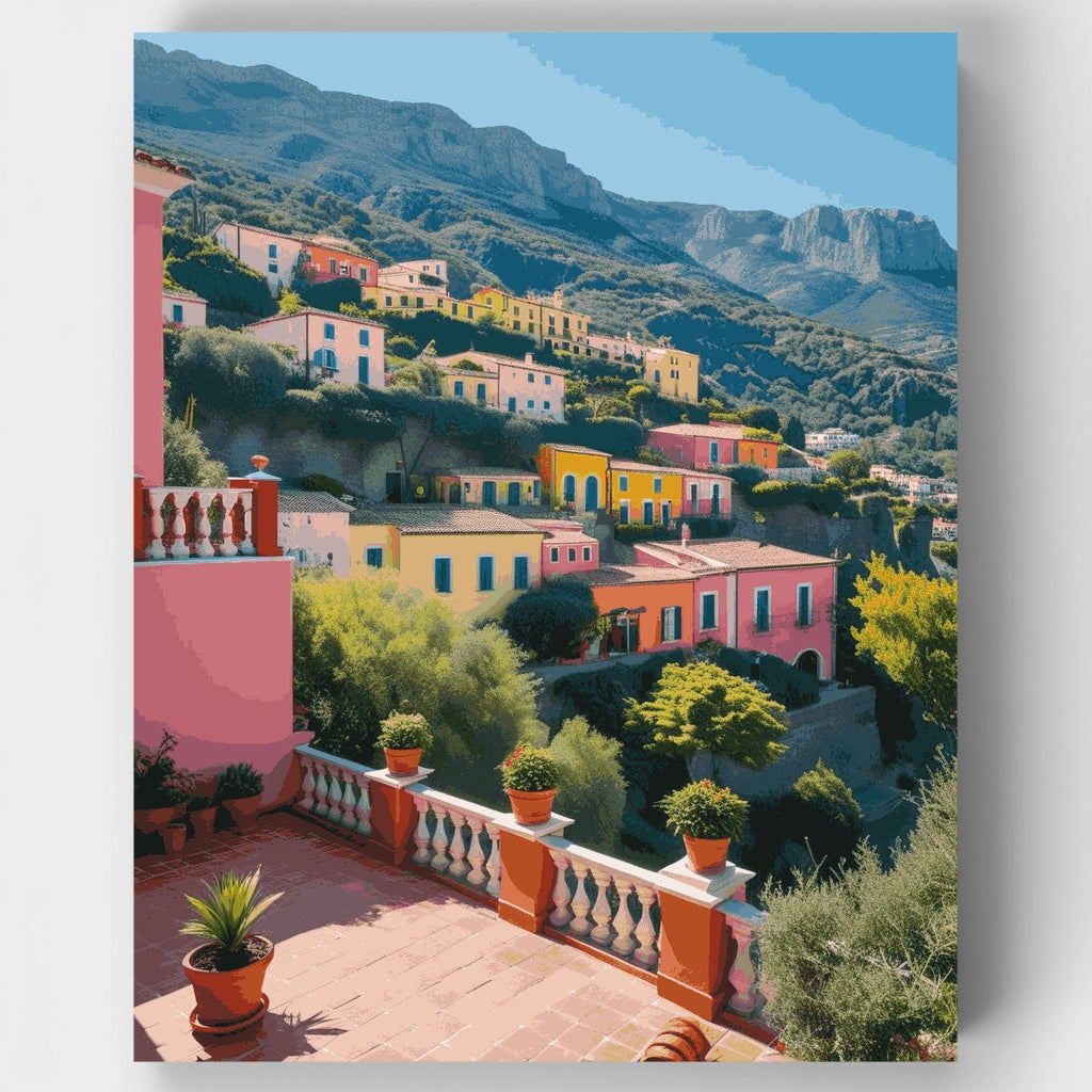 Kit de pintura por números - Pueblo verde en ladera mediterránea — Estándar