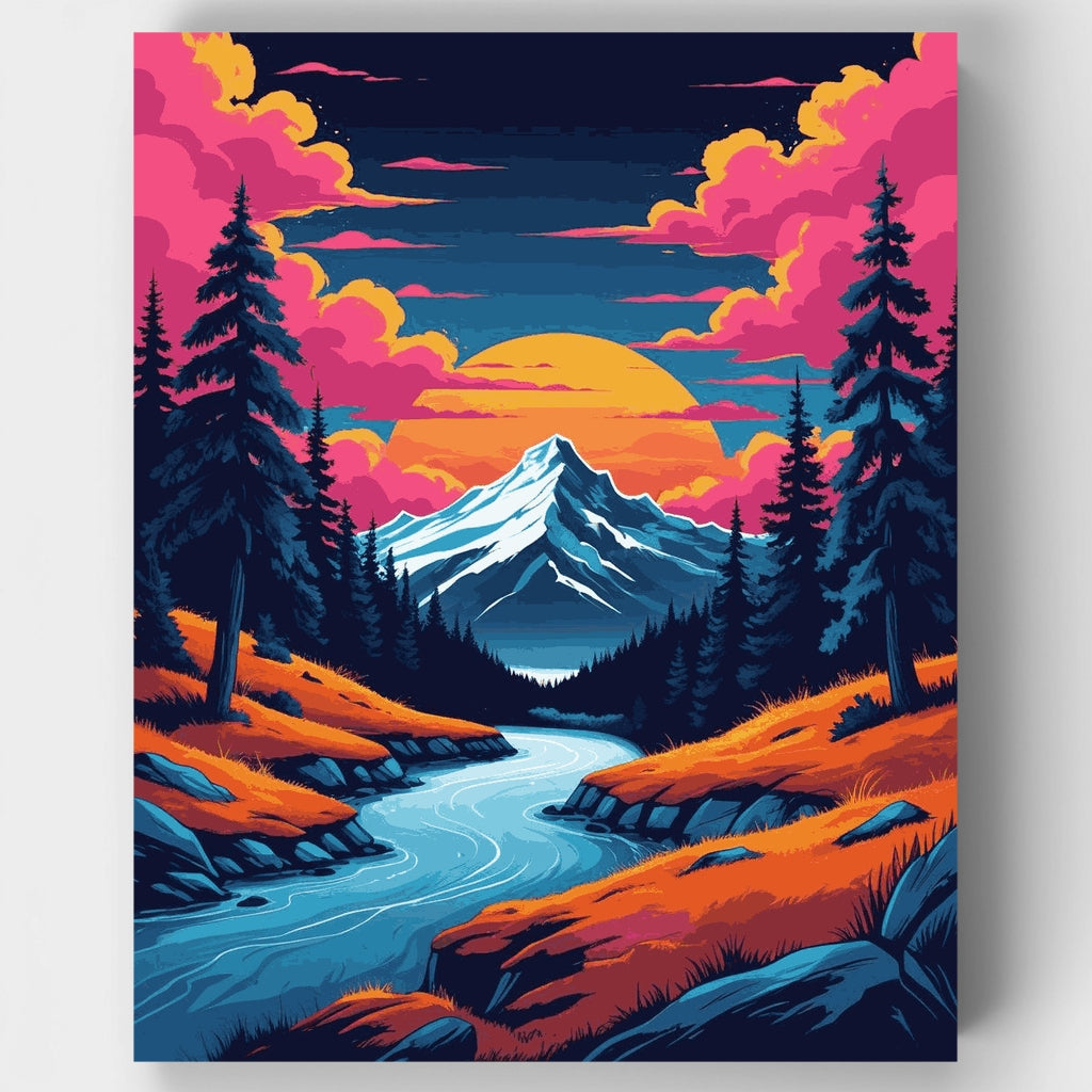 Kit de pintura por números: Atardecer en el río entre montañas — Estándar