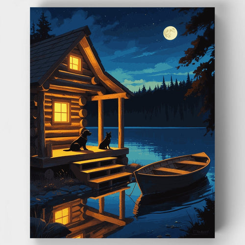 Moonlit Lake Cabin with Dogs - Paint by Numbers Kit