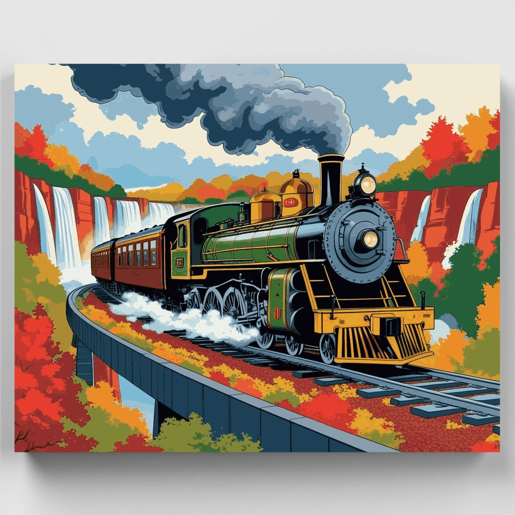 Kit de pintura por números: Tren de vapor antiguo atravesando un cañón en otoño — Estándar