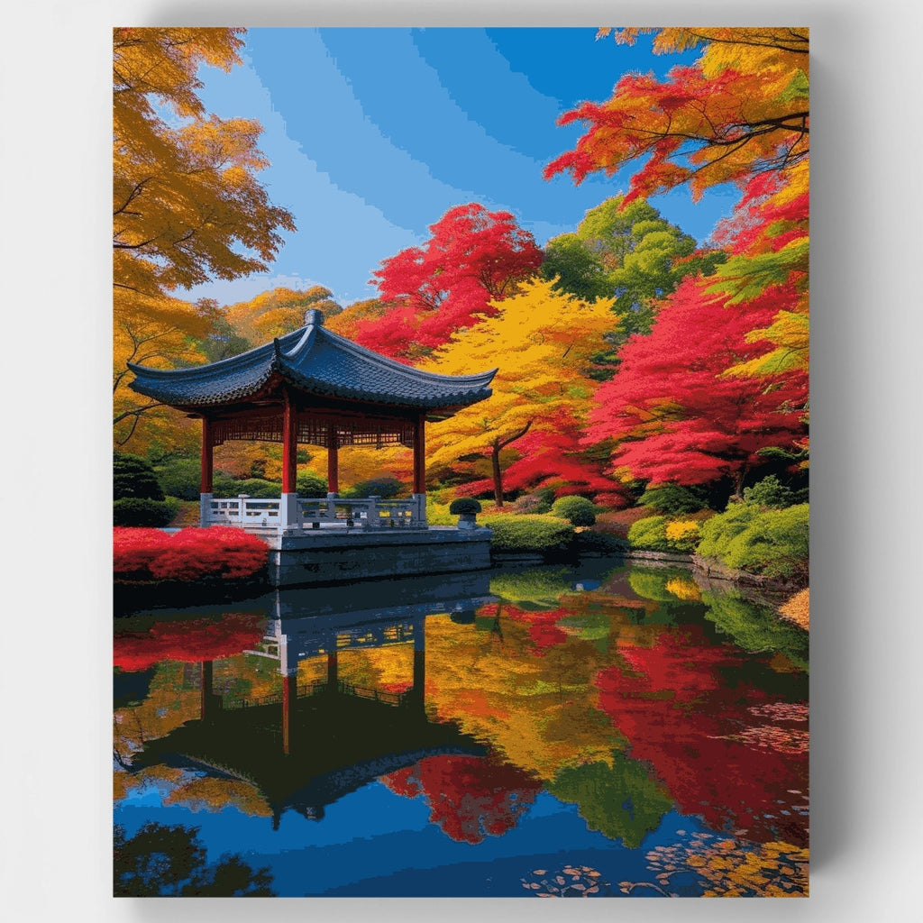 Korean Garden Pavilion in Autumn - Paint by Numbers Kit