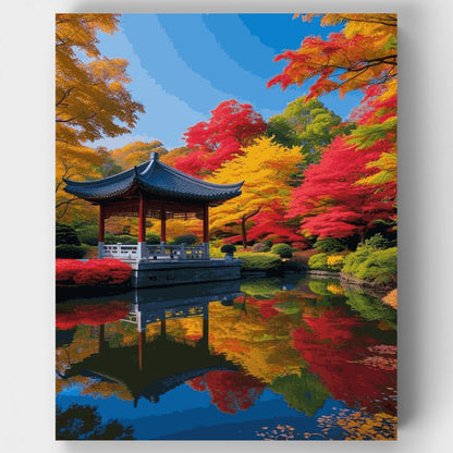 Korean Garden Pavilion in Autumn - Paint by Numbers Kit