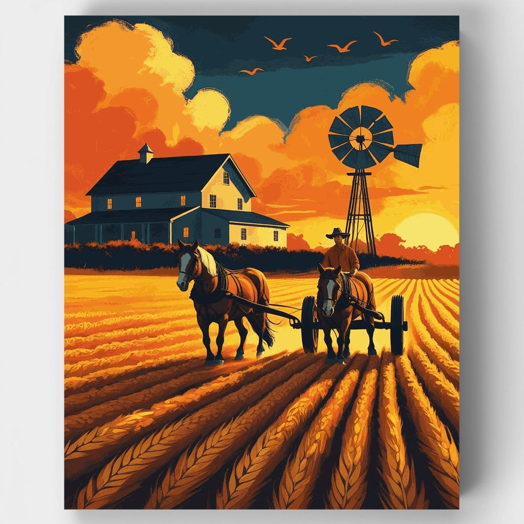 Kit de pintura por números: Escena de arado al atardecer en la granja — Estándar