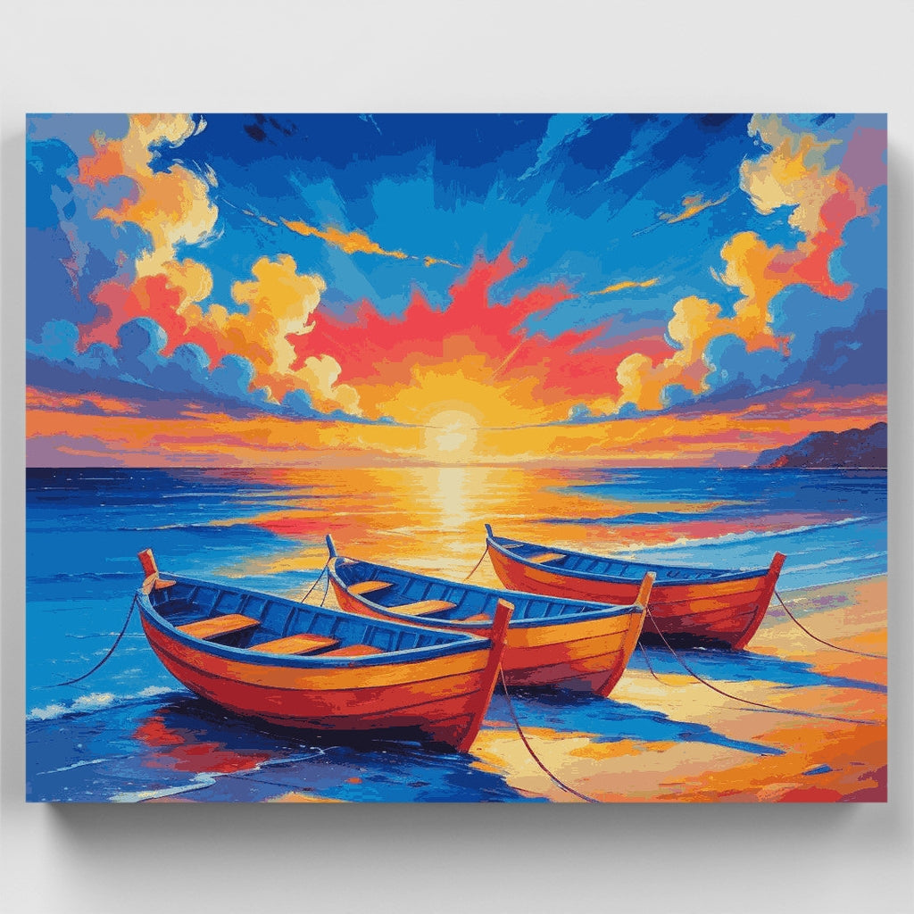 Barcos de pesca costera al amanecer - Kit de pintura por números — Estándar