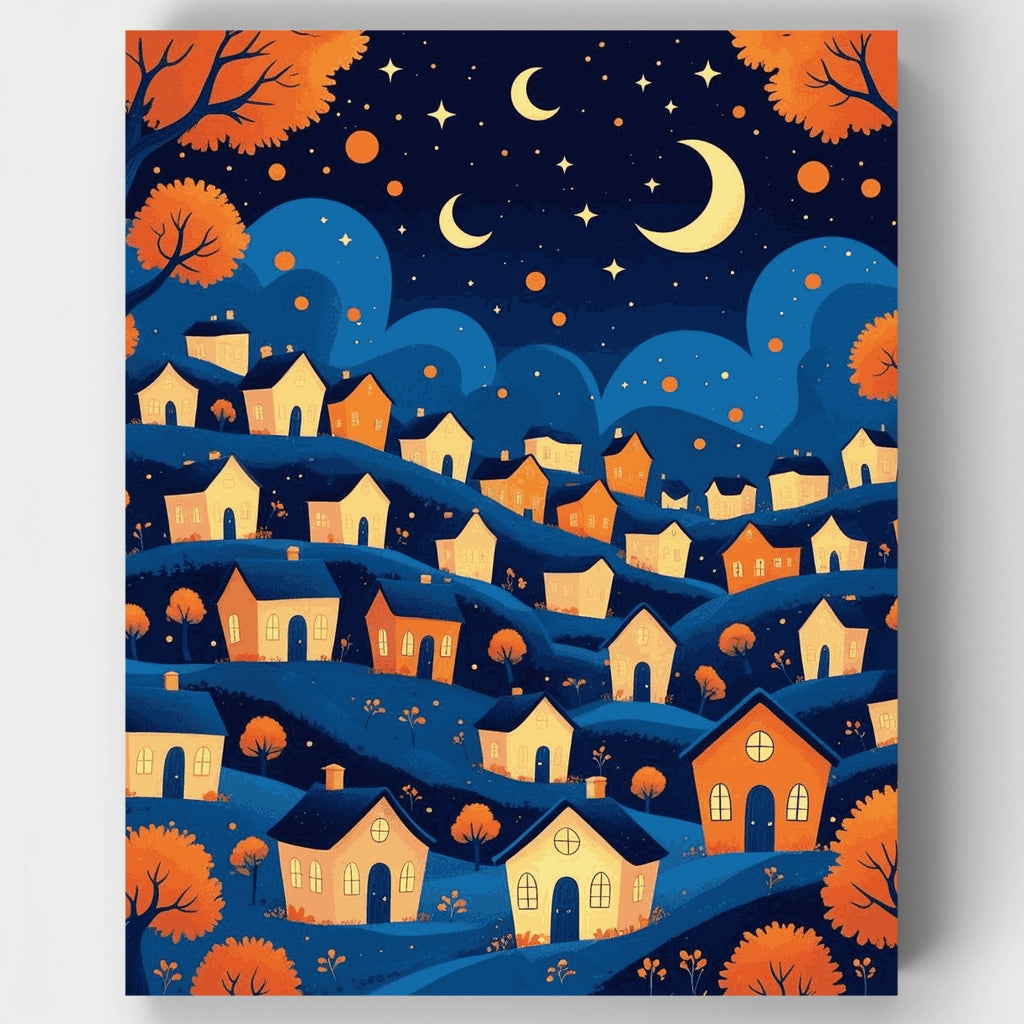 Kit de pintura por números: Cielo nocturno sobre pueblo fantástico — Estándar