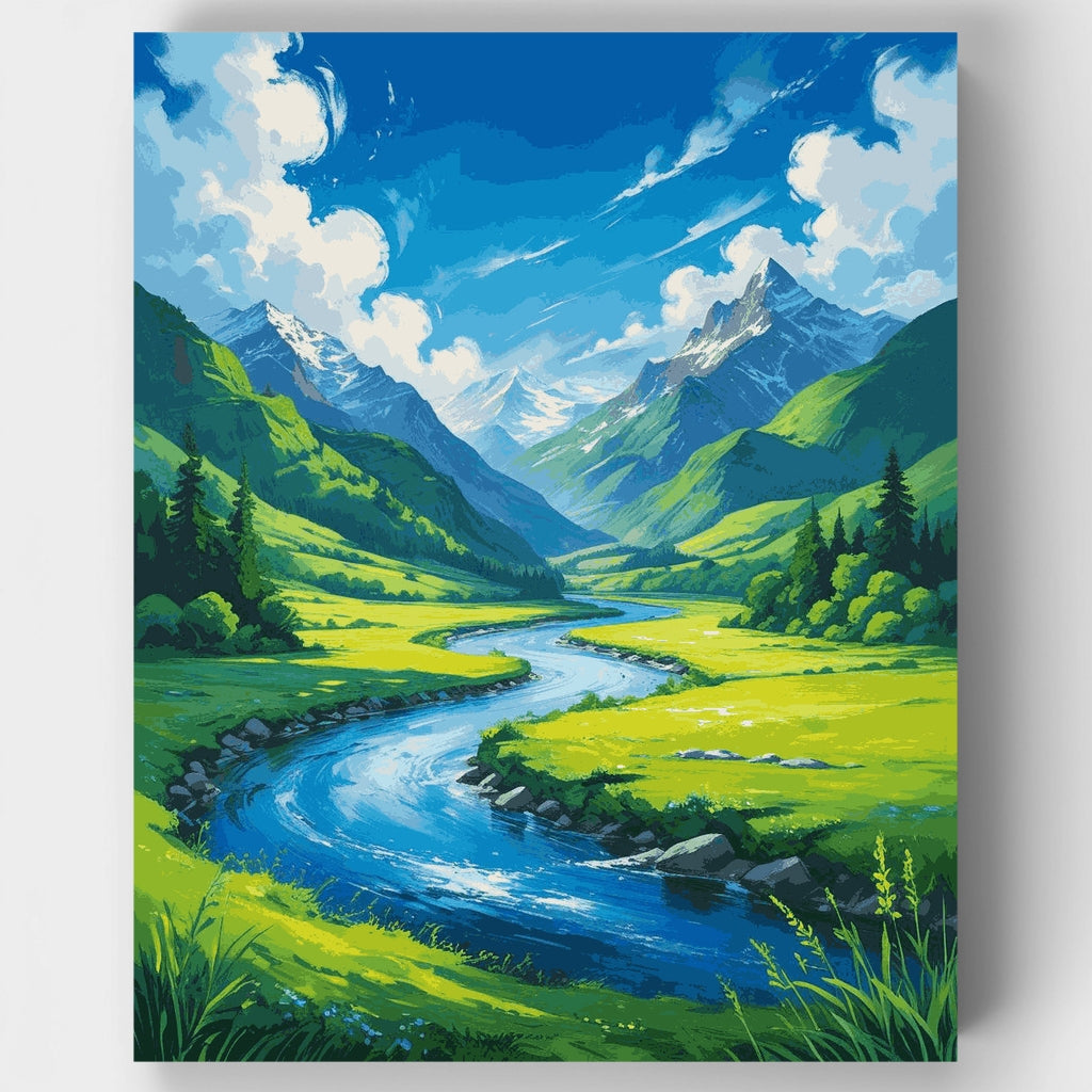 Kit de pintura por números - Vista del río en el valle alpino — Estándar