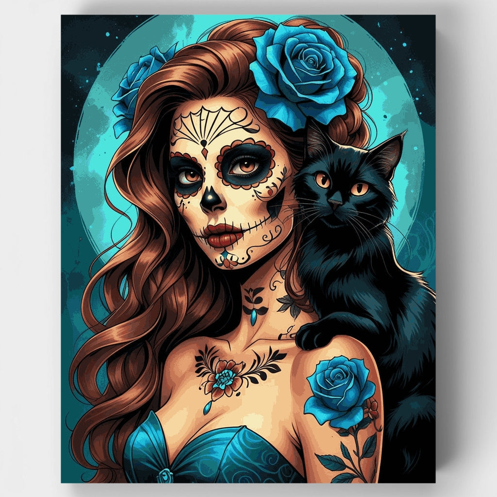 Kit de pintura por números: Mujer con gato del Día de los Muertos — Estándar