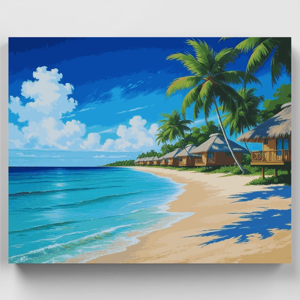 Bungalows en la playa tropical: Kit de pintura por números — Estándar