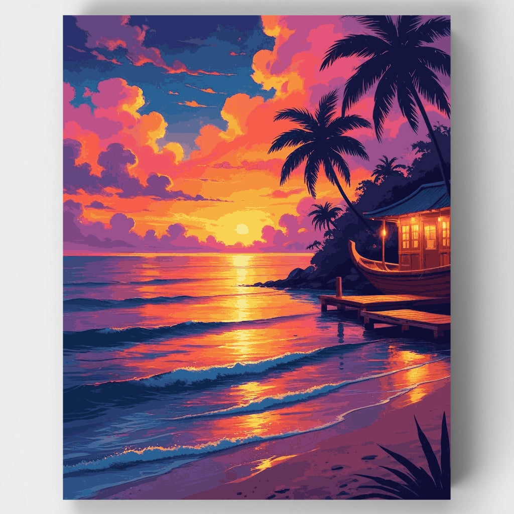 Tropical Beach Bungalow Sunset - Paint by Numbers Kit