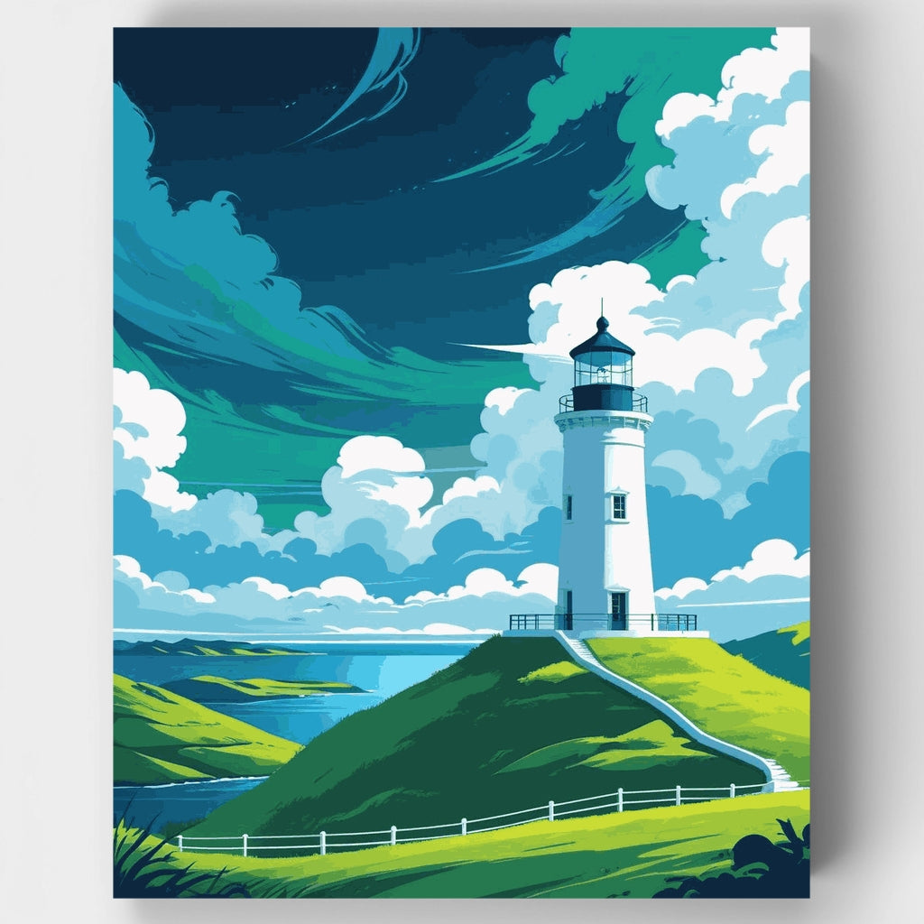 Coastal Lighthouse on Green Hills - Paint by Numbers Kit