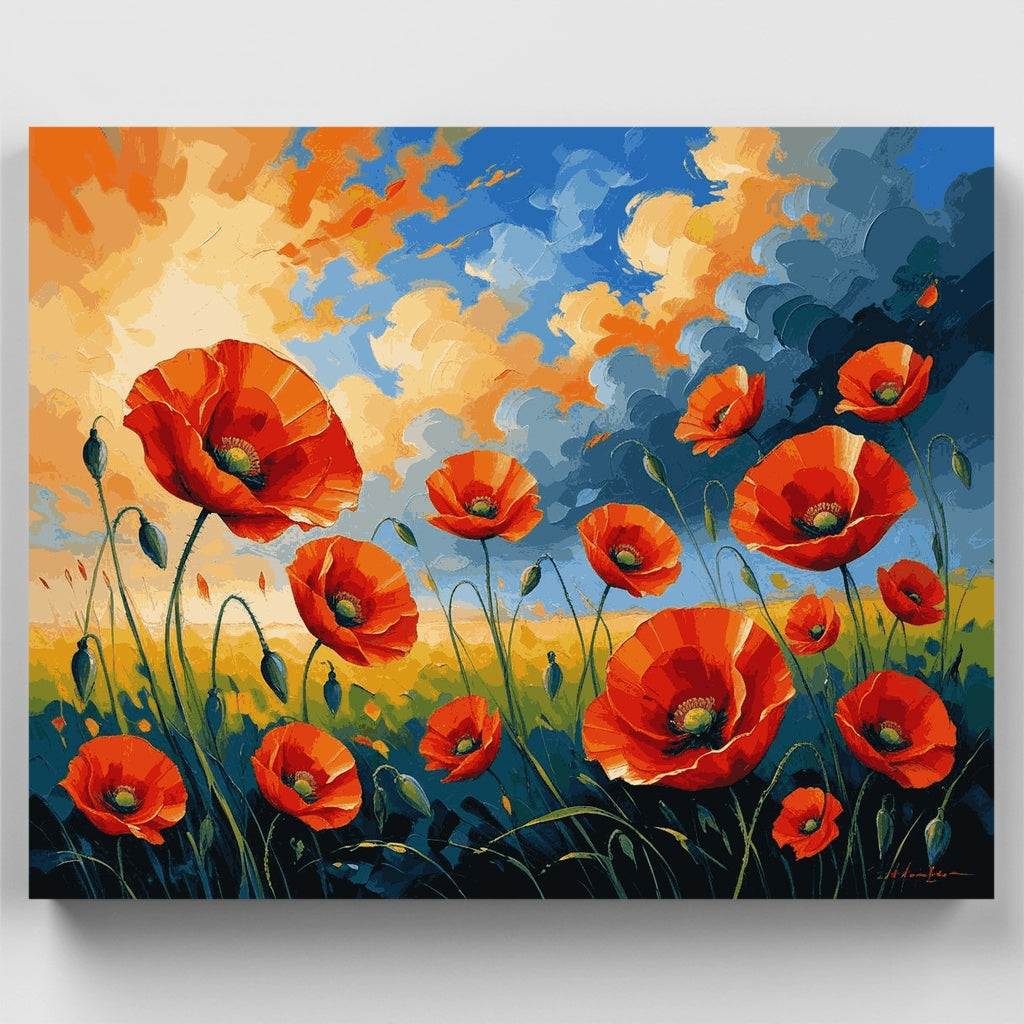 Campo de amapolas vibrantes bajo un cielo dramático - Kit de pintura por números — Estándar
