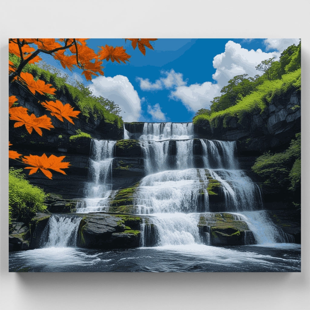 Cascada escalonada con hojas de otoño - Kit de pintura por números — Estándar