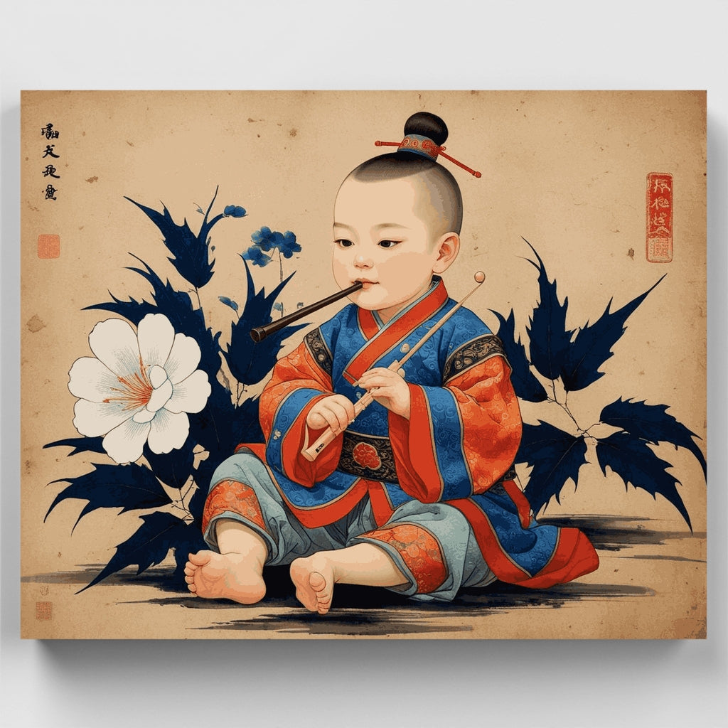 Niño japonés tradicional con flauta - Kit de pintura por números — Estándar