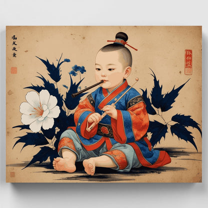 Traditional Japanese Child with Flute - Paint by Numbers Kit