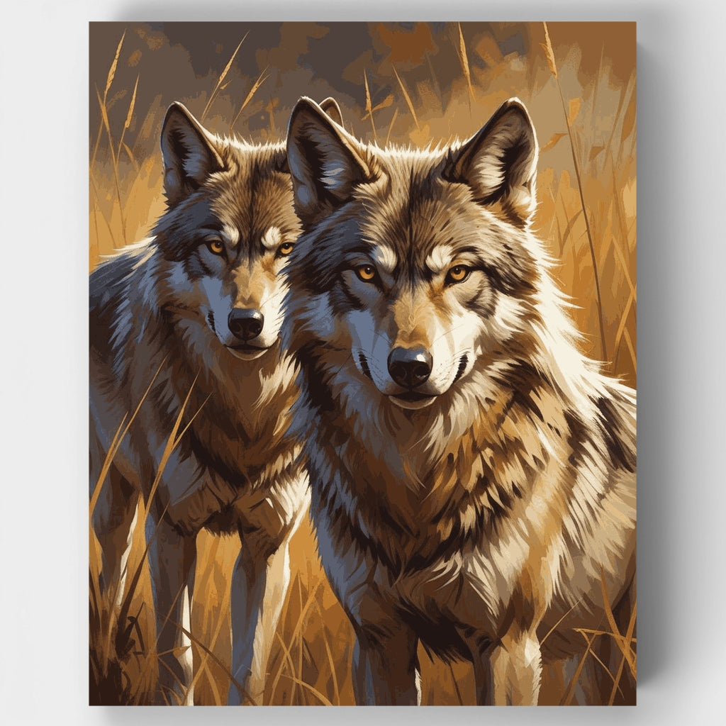 Two Majestic Wolves in Golden Grassland - Paint by Numbers Kit