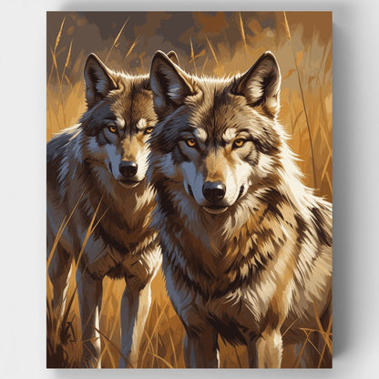 Two Majestic Wolves in Golden Grassland - Paint by Numbers Kit