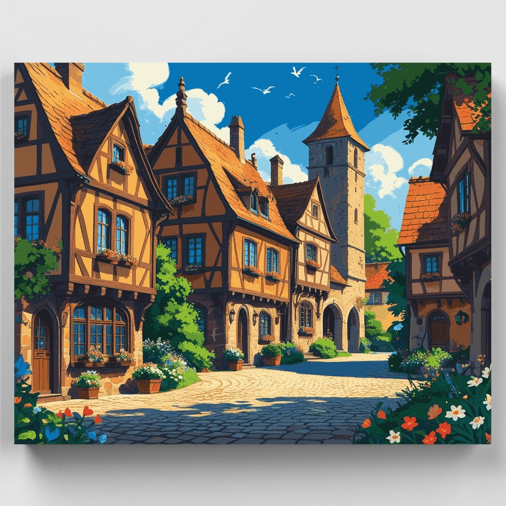 Kit de pintura por números - Plaza de pueblo medieval — Estándar