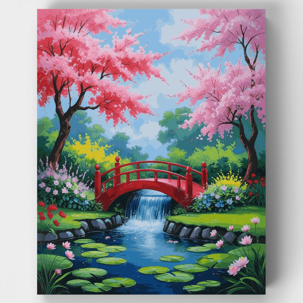 Japanese Garden Bridge with Cherry Blossoms - Paint by Numbers Kit