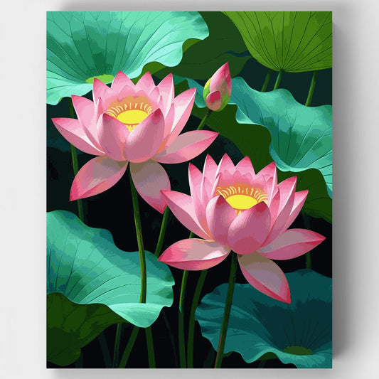 Pink Lotus Flowers in Serene Pond - Paint by Numbers Kit
