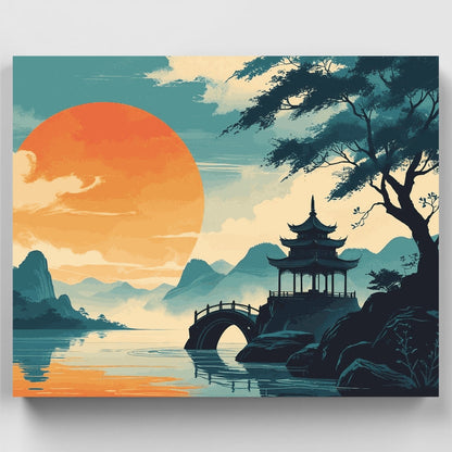 Tranquil Chinese Pagoda Sunset - Paint by Numbers Kit