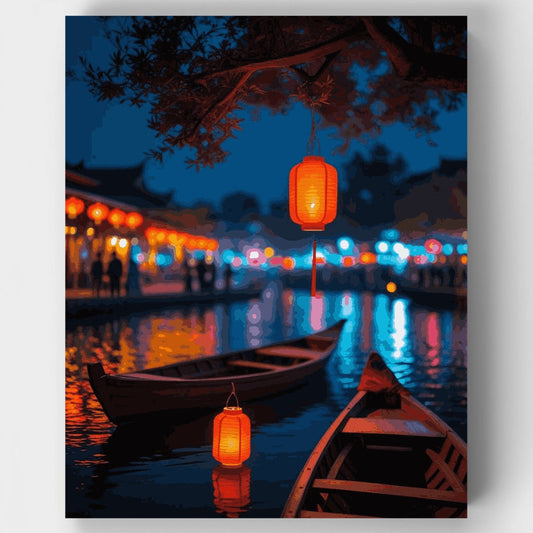 Vietnamese Lantern Boats at Twilight - Paint by Numbers Kit