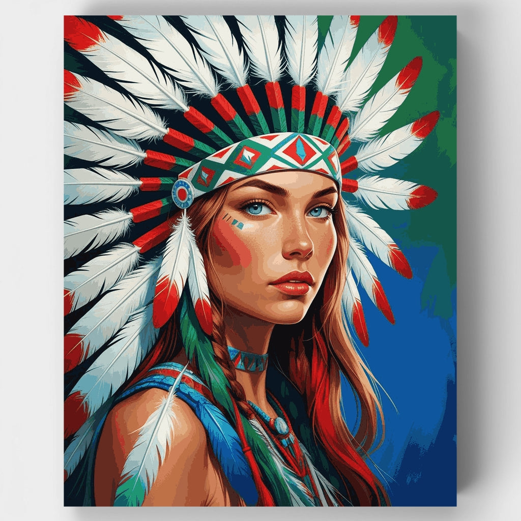 Mujer nativa americana con tocado de plumas - Kit de pintura por números — Estándar