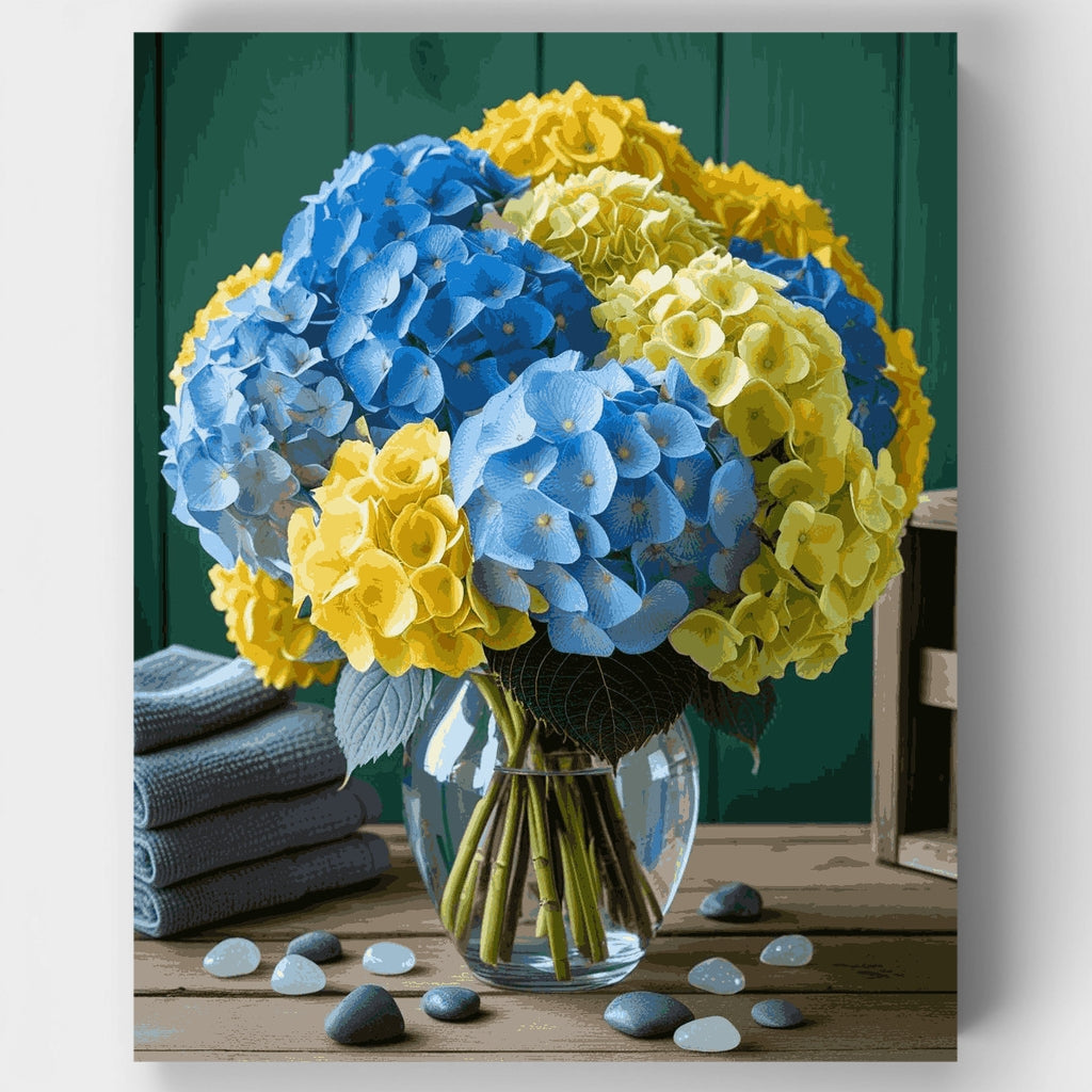 Ramo de hortensias azules y amarillas - Kit de pintura por números — Estándar