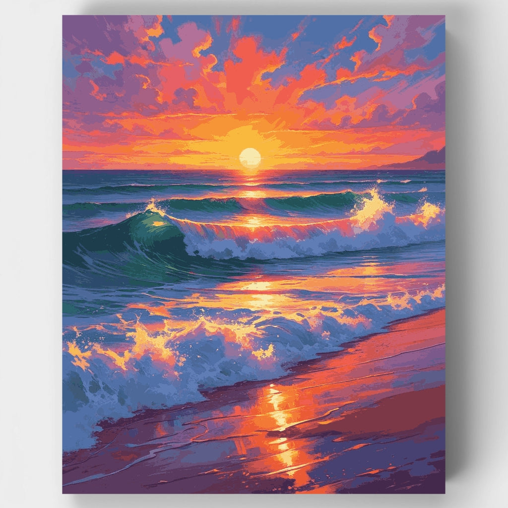Spectacular Beach Sunset with Crashing Waves - Paint by Numbers Kit