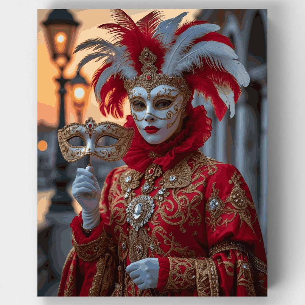 Kit de pintura por números: Intérprete veneciana de carnaval en rojo elegante — Estándar