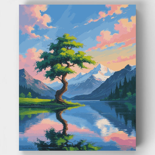 Serene Mountain Lake with Twisted Tree - Paint by Numbers Kit