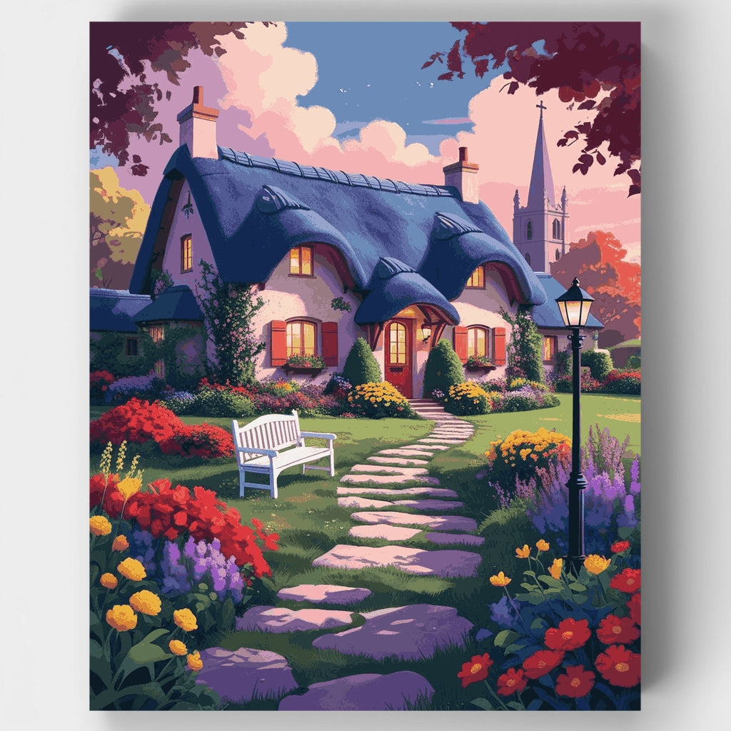 Kit de pintura por números: Atardecer en el jardín de la casa de campo — Estándar