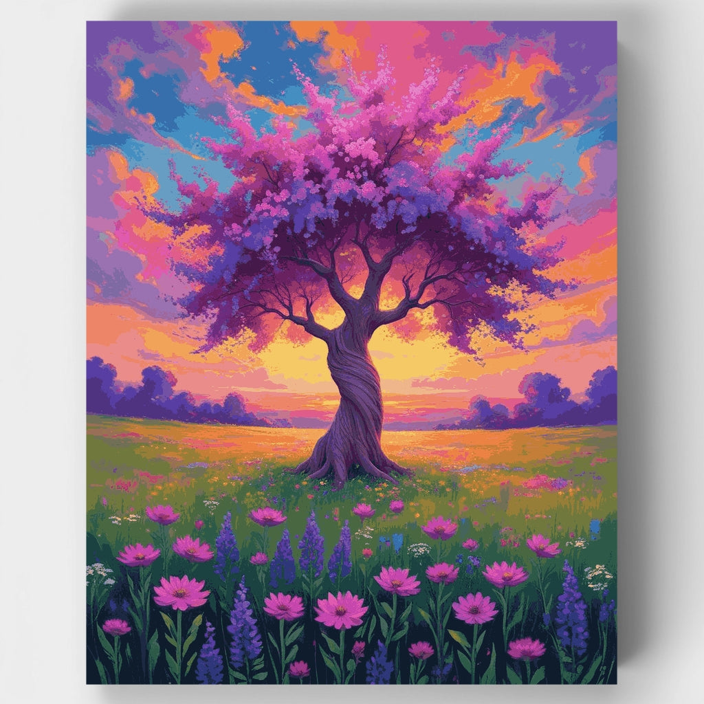 Árbol morado mágico en pradera floreciente - Kit de pintura por números — Estándar