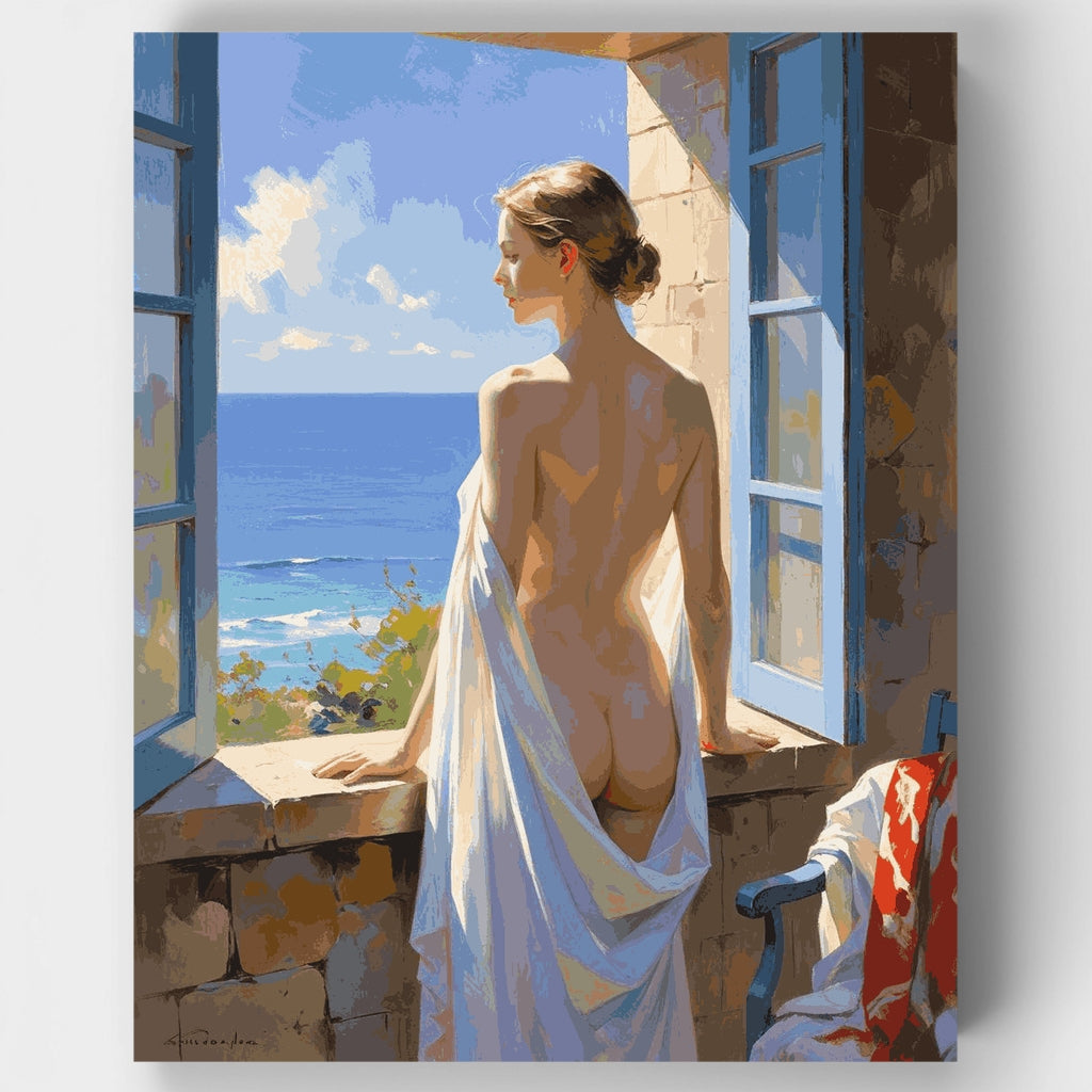 Mujer frente a la ventana junto al mar - Kit de pintura por números — Estándar
