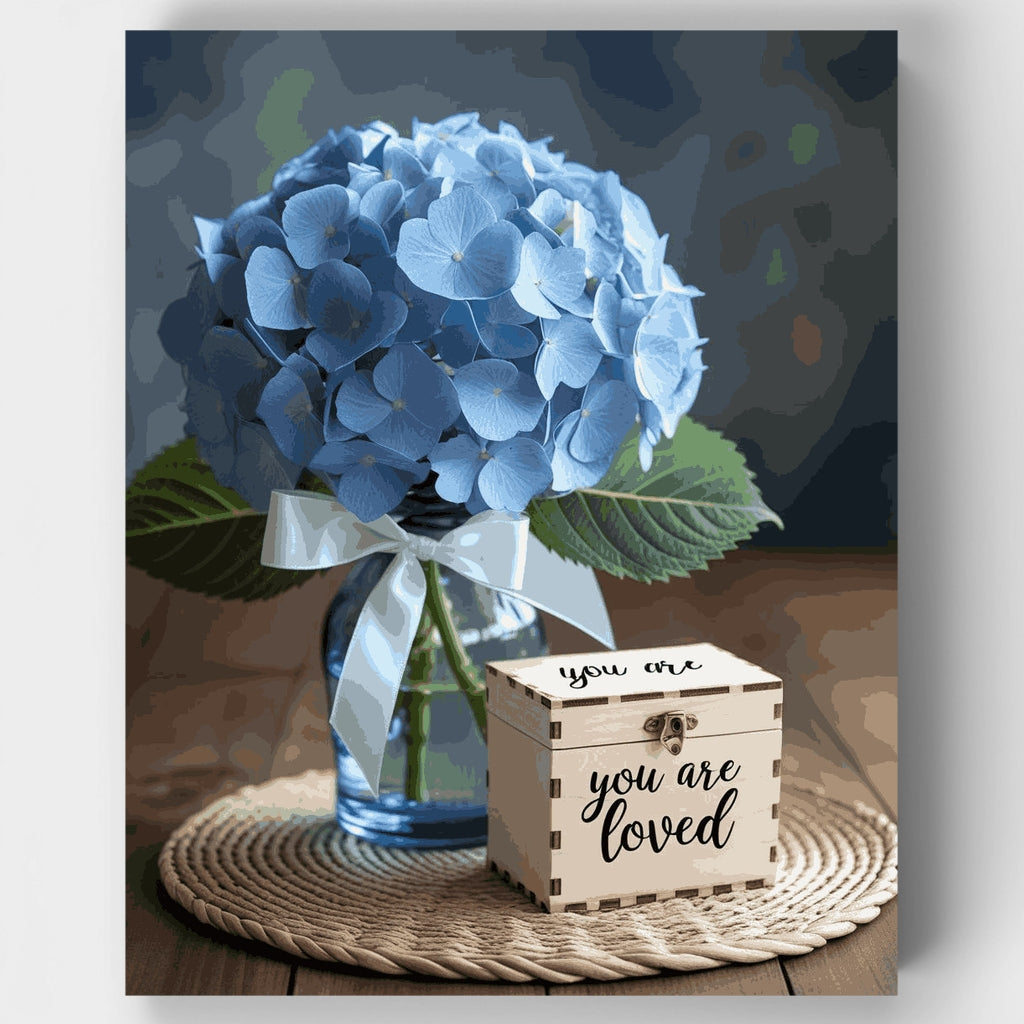 Kit de pintura por números - Hortensias azules con mensaje de amor — Estándar