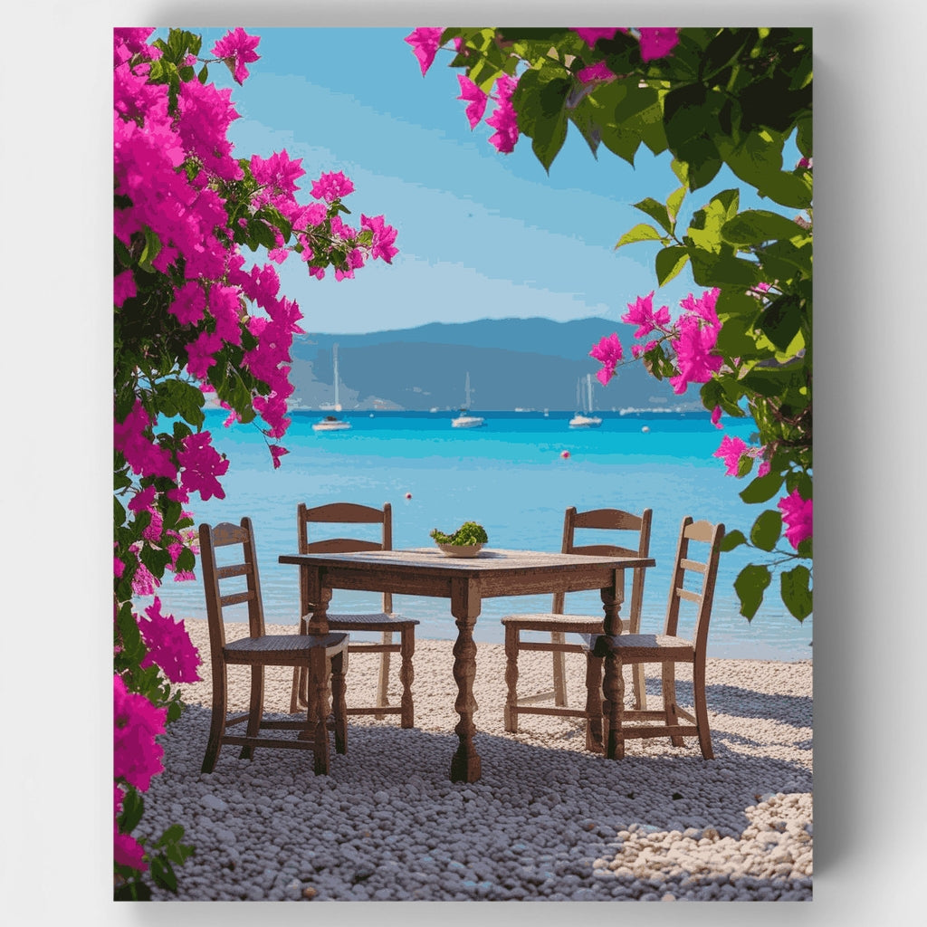 Terraza griega para cenar frente al mar: kit de pintura por números — Estándar
