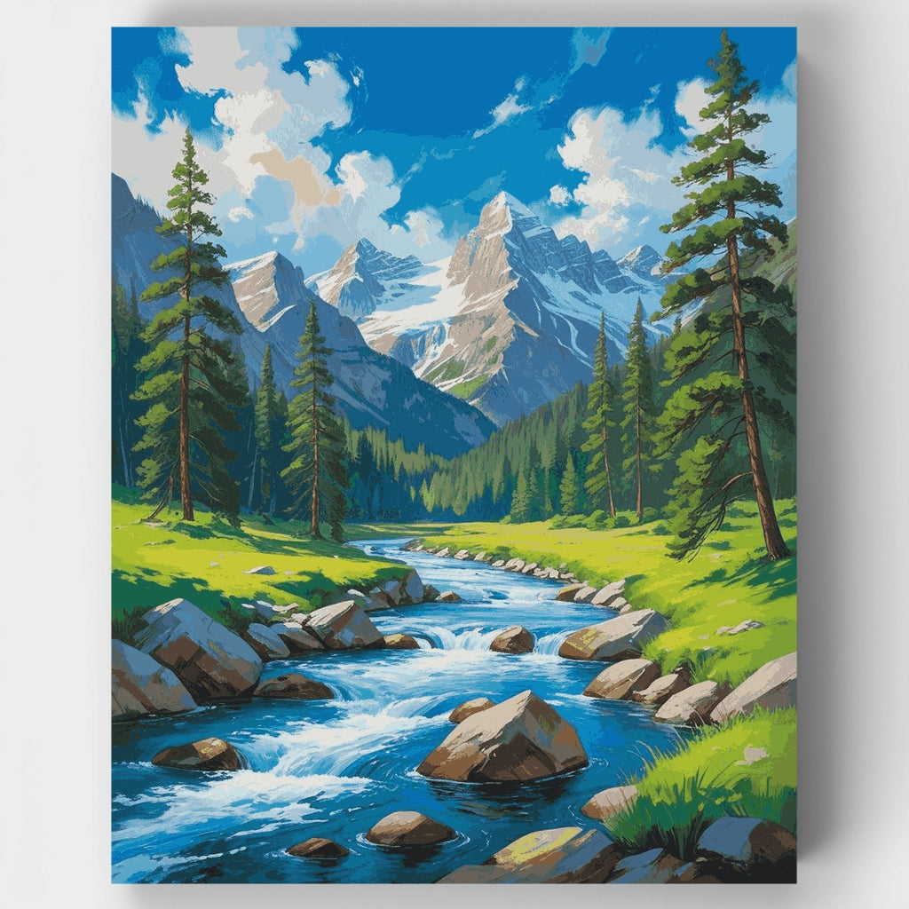 Alpine Mountain Stream with Snow Peaks - Paint by Numbers Kit