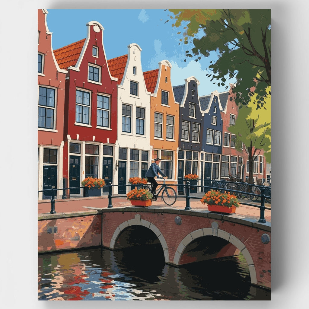 Casas de canal holandesas con ciclista - Kit de pintura por números — Estándar