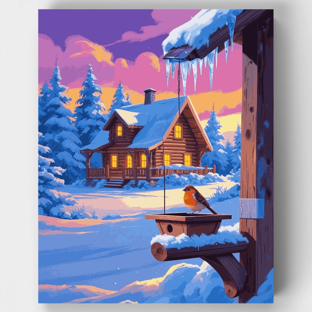 Snowy Cabin with Robin Bird - Paint by Numbers Kit
