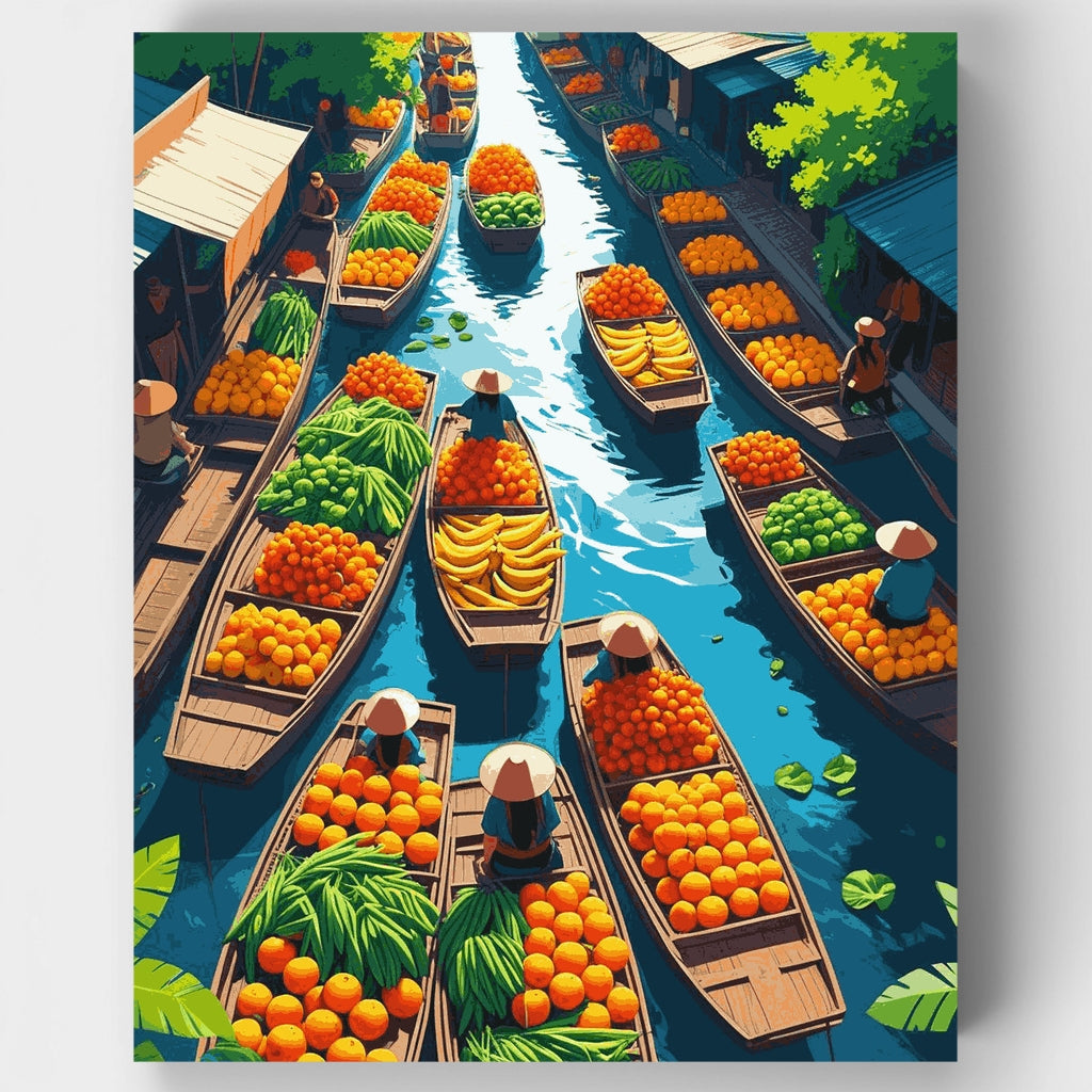Vendedores de fruta en el mercado flotante - Kit de pintura por números — Estándar