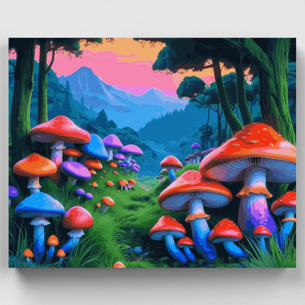 Kit de pintura por números: Atardecer en el bosque de setas mágicas — Estándar
