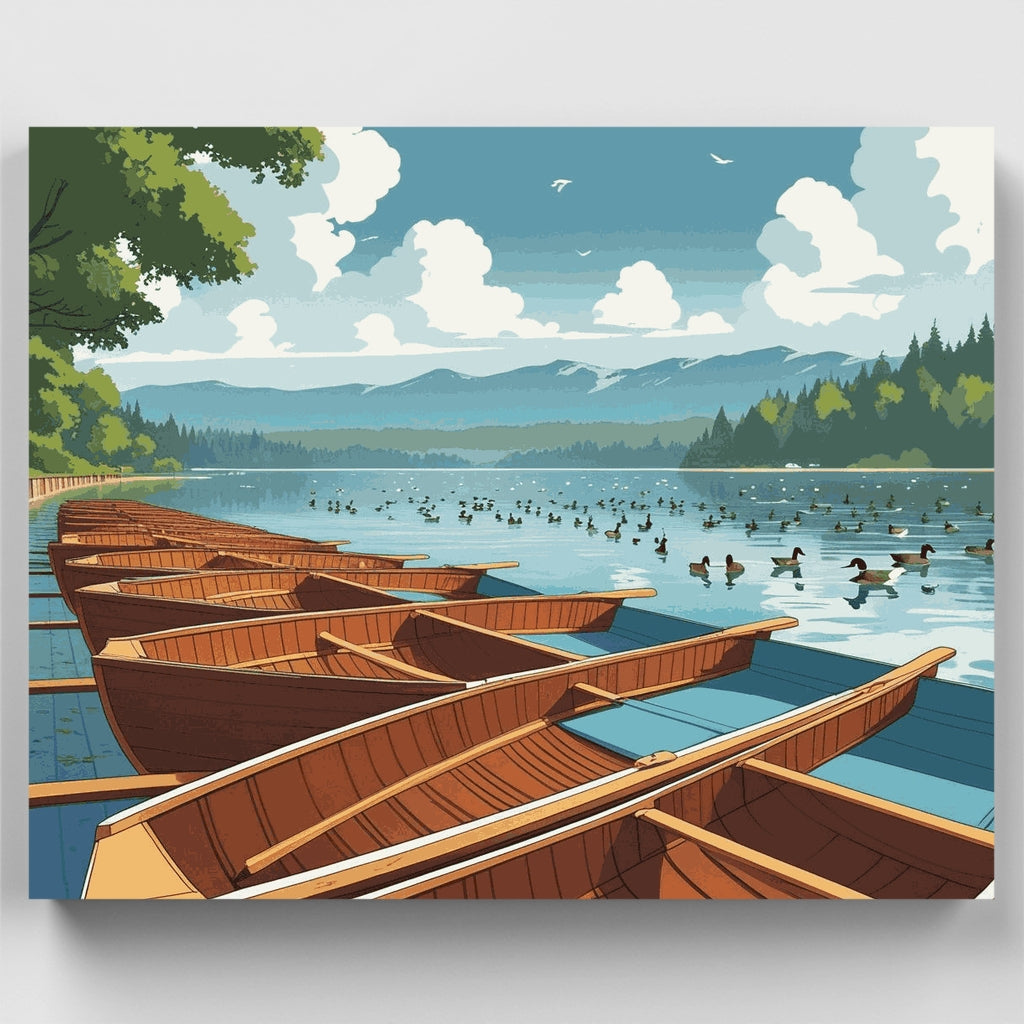Botes de madera junto al lago - Kit de pintura por números — Estándar