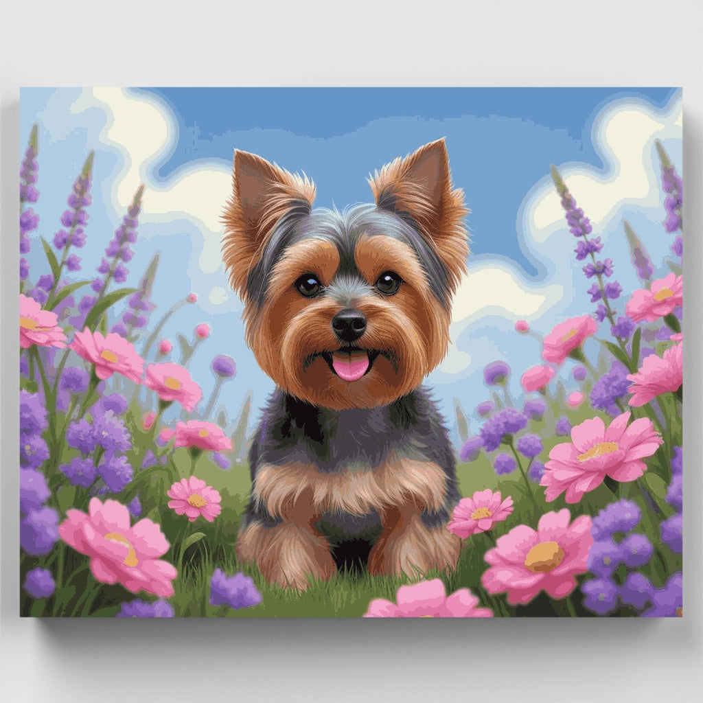 Yorkshire Terrier en un jardín de flores - Kit de pintura por números — Estándar