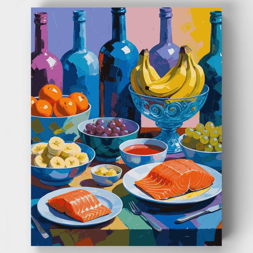 Colorful Still Life with Salmon and Fruits - Paint by Numbers Kit