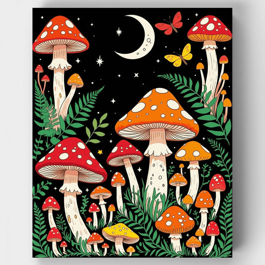 Whimsical Mushroom Forest Night Scene - Paint by Numbers Kit
